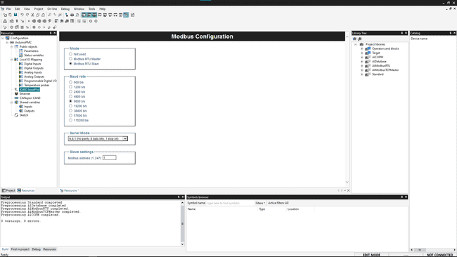 Arduino PLC IDE Resources panel, -> RS-485 settings