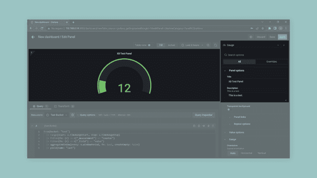 Visualizing data with a gauge in a Grafana dashboard.