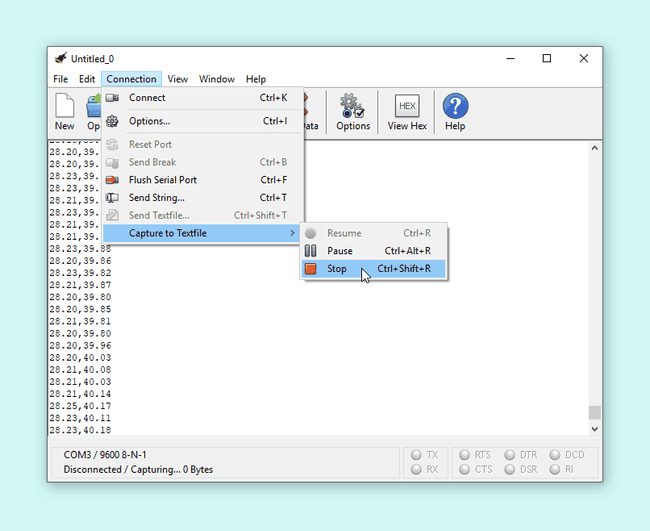 Figure 15: CoolTerm, clicking on stop