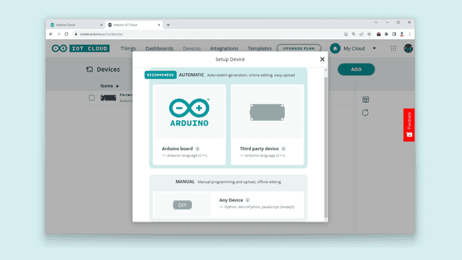 Arduino Cloud Setup Device pop-up window