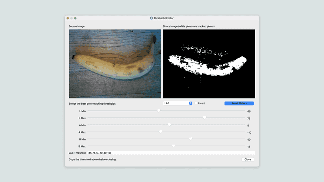 LAB thresholds for a banana in the Threshold Editor