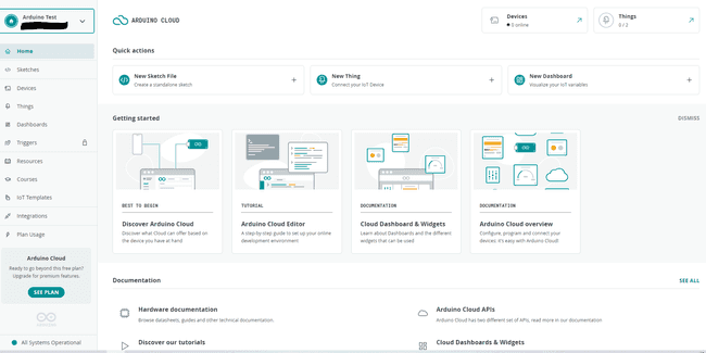 Arduino Cloud Homepage view