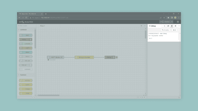 Debug interface of Node-RED showing data from the MQTT broker.