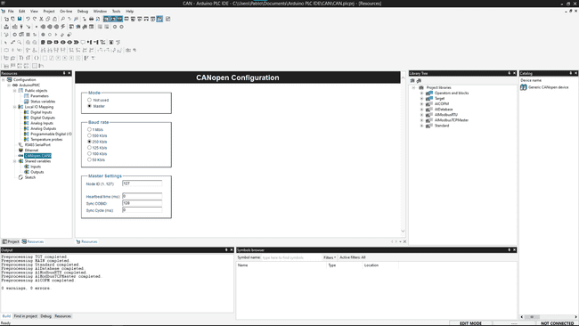 Arduino PLC IDE Resources panel, -> CANopen CAN0