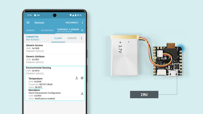 Nicla Vision temperature monitored from the nRF Connect app