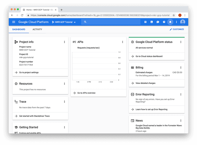 After the project has been create you will be presented a dashboard view of it.