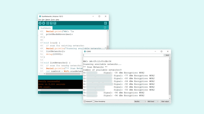 Serial Monitor printing a list of Wi-Fi networks.