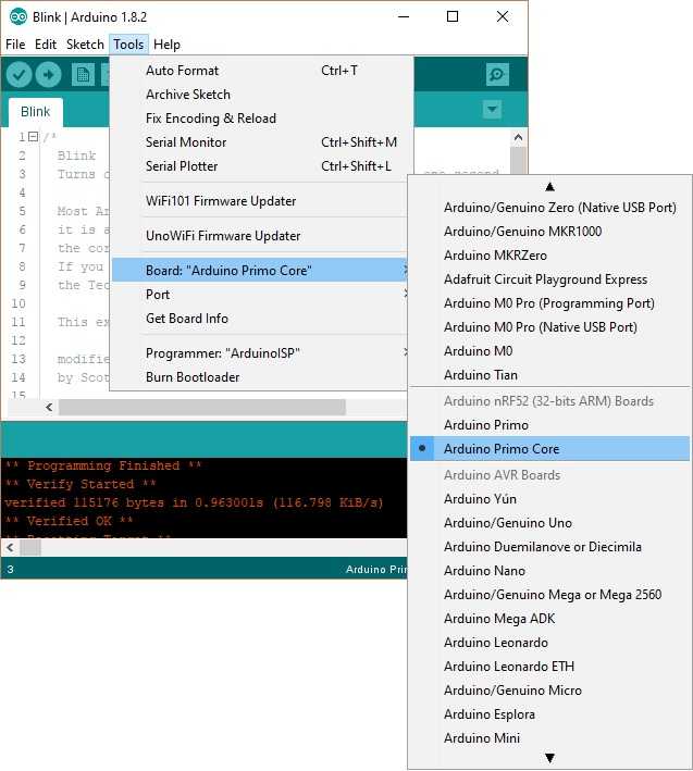 Select Arduino Primo Core as board